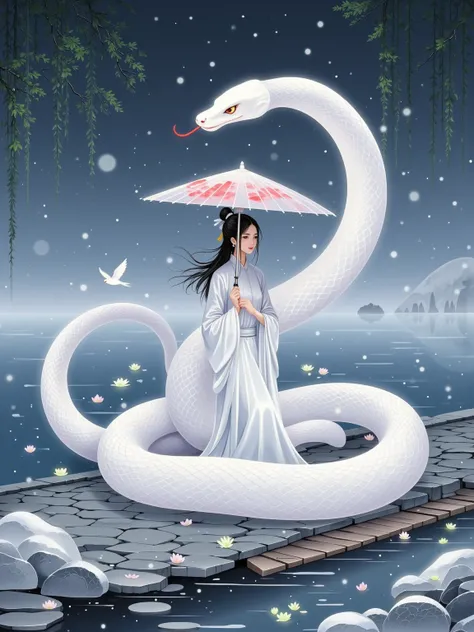  Please draw a long scroll full of oriental poetry， With the Legend of the White Snake as the context，(White snake:1.4)， Blending a thousand years of love in ink and color， The picture starts from the misty West Lake， The Broken Bridge, which is carefully ...