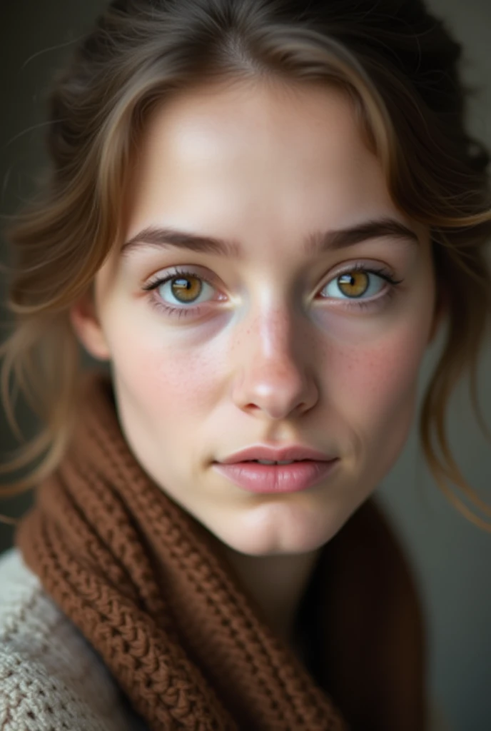 Close-up portrait of a young woman's face. she has a pale complexion and light brown eyes. her hair is styled in loose waves and she is wearing a brown scarf around her neck. the background is blurred, so the focus is on her face. the image has a soft, dre...