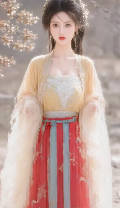 The image depicts a young woman dressed in traditional Hanfu attire. She is wearing a flowing yellow robe layered with white, along with a vibrant red and blue skirt. Her hair is styled elegantly with a decorative hairpin, complementing the serene and natu...