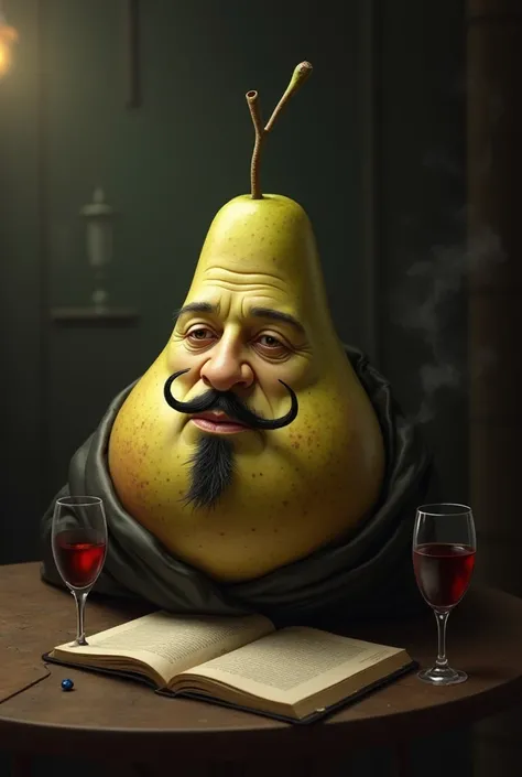  Here's how we could represent a pear with the appearance of a cursed French poet:

 General shape :  The pear maintains its natural silhouette ,  but has a dark and decadent air .
 Facial features :
 A face drawn on the skin ,  with deep, circled eyes ,  ...