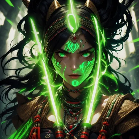 score_9, score_8_up, score_7_up, solo, 1girl, beautiful, shaman, black hair, (long hair:1.3), side bangs, bandana with 2horns, barbarian, gladiator, war paint, tribal markings, red lips, ((green_eyes_glowing:1.3)), (smug:0.85), dramatic lights, face focuse...