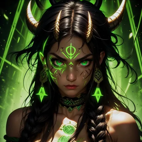 score_9, score_8_up, score_7_up, solo, 1girl, beautiful, shaman, black hair, (long hair:1.3), side bangs, bandana with 2horns, barbarian, gladiator, war paint, tribal markings, red lips, ((green_eyes_glowing:1.3)), (smug:0.85), dramatic lights, face focuse...