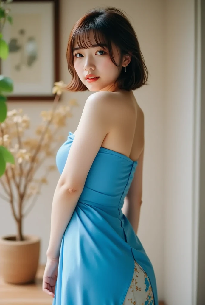 A photorealistic image of a young Japanese woman in a blue cheongsam, striking a sensual pose. The scene is set with natural lighting that highlights her elegance and confidence. The composition follows the golden ratio, with the woman as the focal point. ...