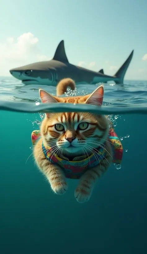 mother cat dressed with apron is swimming in the sea with a shark behind her