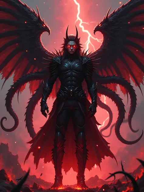  Bloodeyed Gothic Anime Handsome Guy，angel warrior， burning wings ，A sky full of lightning，Handsome and strong，Black Chitin Carapace ，Red glowing texture， upper body close-up，There is a flame under your feet，Spikes grow on the ground， stands on the streets...