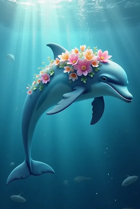  Generate me a magic dolphin that is in the ocean , and his eyes are blue and on the side of his body I have flowers ,