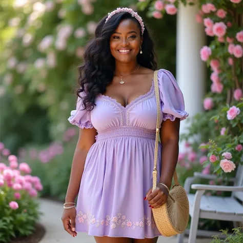 A curvaceous Black woman in a romantic spring outfit: She wears a flowy mini dress in soft lavender with a sweetheart neckline and puff sleeves, the fabric adorned with tiny floral embroidery. The dress is paired with white lace-up sandals and a woven stra...