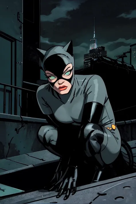 Catwoman with cat-like features,, piercing green eyes, wearing a form-fitting black leather suit, clawed gloves, and a mask with cat ears, cat tail, crouching on a rooftop at night, cityscape in the background, dramatic lighting, hyper-detailed, cinematic,...