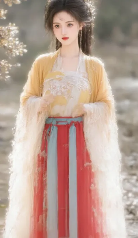 The image depicts a young woman dressed in traditional Hanfu attire. She is wearing a flowing yellow robe layered with white, along with a vibrant red and blue skirt. Her hair is styled elegantly with a decorative hairpin, complementing the serene and natu...