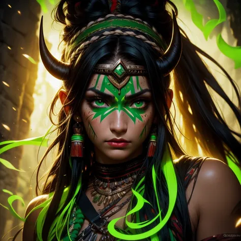 score_9, score_8_up, score_7_up, solo, 1girl, beautiful, shaman, black hair, (long hair:1.3), side bangs, bandana with 2horns, barbarian, gladiator, war paint, tribal markings, red lips, ((green_eyes:1.3)), (smug:0.85), dramatic lights, face focused, portr...