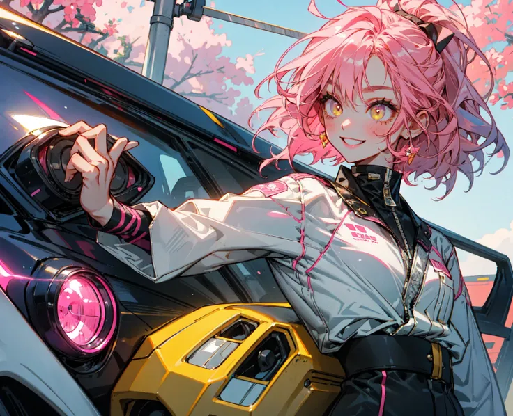   one girl,   pink hair with a scar,    yellow eyes,   standing in front of a sports car  ,  smile ,  The background is an upscale resort、morning、