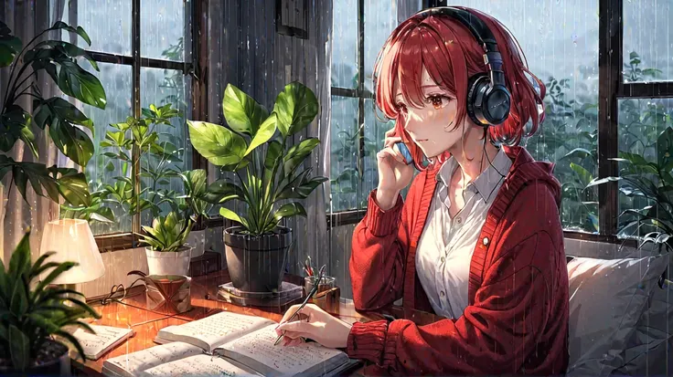  headphones、 Hair、 white shirt、 Red Cardigan 、 headphones、Houseplants、Notes、pencil、 indirect lighting、rain、night、 large window