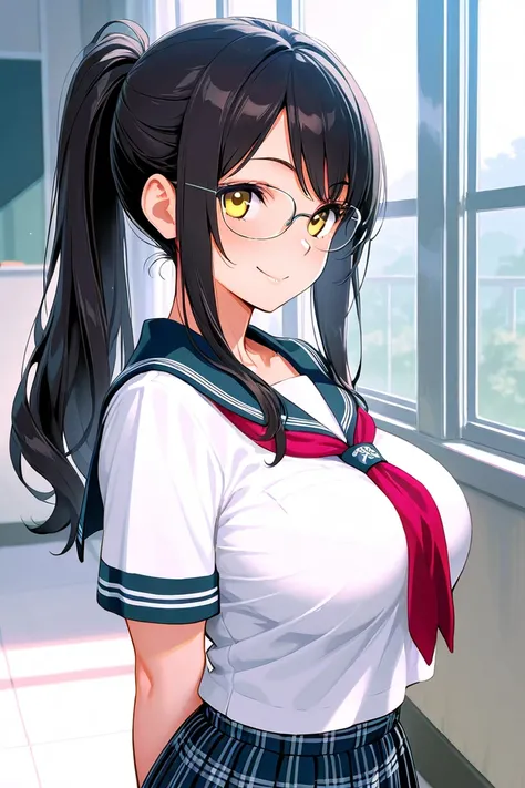 8k,masterpiece, best quality, ultra detailed, high resolution, super fine illustration,1girl, solo, smile, yellow eyes, black hair, long hair, ponytail, large breasts, glasses, school uniform, pleated skirt, plaid skirt, upper body, looking at viewer,