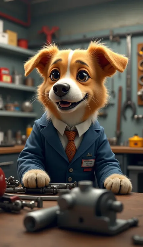 Create a realistic image of a cute anthropomorphic dog dressed in a suit working in a garage.