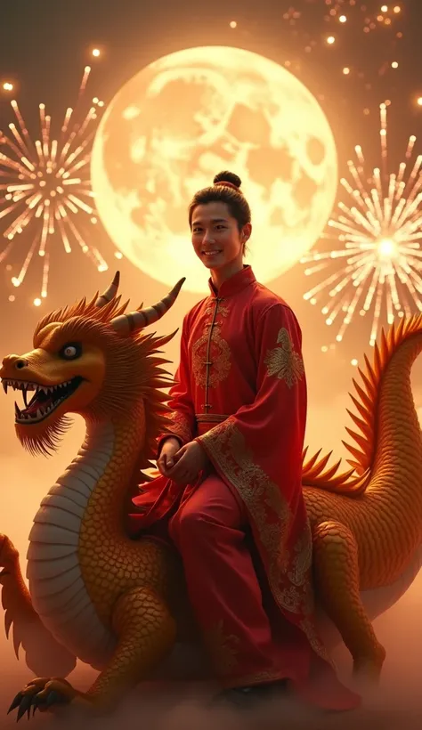 Full body photorealistic shots of handsome hunky slender Chinese Guy, wearing a traditional Chinese silk dress. Riding on a golden dragon. Full moon at the background with plenty of fireworks. He's is smiling. 