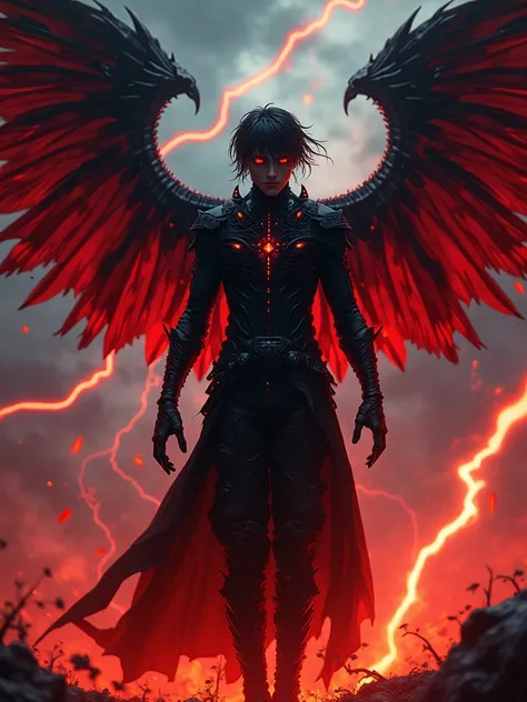 Bloodeyed gothic anime handsome guy，angel warrior， burning wings ，A sky full of lightning，Handsome and strong， black chitin carapace，Red glowing texture， upper body close-up，There is a flame under your feet，Spikes grow on the ground， stands on the streets ...