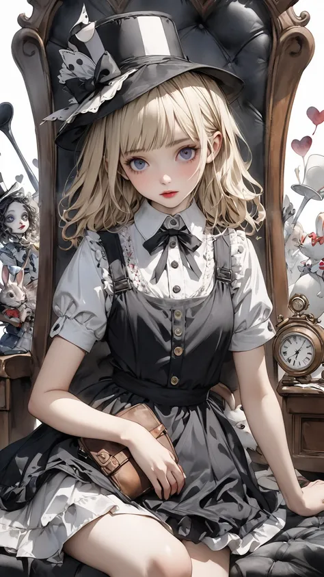  high definition, masterpiece, Anatomically  accurate  ,  accurate,   top quality,  high definition model,  high detail,    anatomically accurate ,   Norman Rockwell & Tim Burton style 、 Watercolor touch、  darkness、Alice 、  WONDERLAND 、