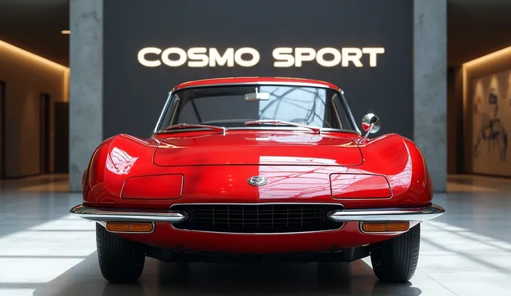 Realistic of futuristic 1967 mazda cosmo sport 110s in showroom in red colour front angle view also show name on background