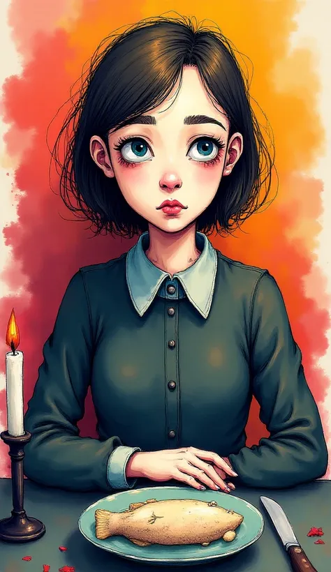 This image features a girl with a serious expression, sitting at a table. She is dressed in a dark-colored outfit with a white collar. On the table, there is a large fish and a knife, along with a candle in a holder. The background has muted, abstract colo...