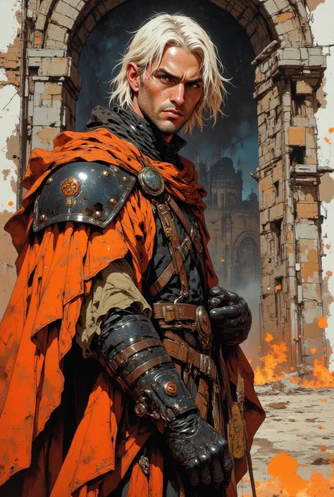 blonde 25 years old, short haircut, sexy costume of a medieval robber, man 30 years old, necromancer, shoulder-length dark hair, dressed in a leather medieval hunting suit, watercolor background of a gloomy abandoned castle, dynamic pose, looking straight ...