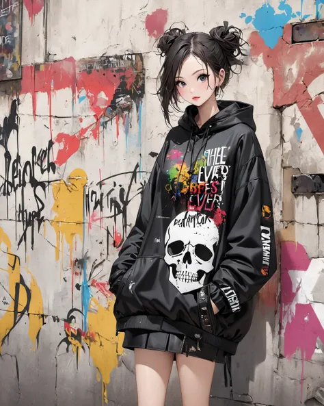 Ultra-realistic Banksy style, Simple line acronym abstract art, stylish design,  the best beautiful girl ever, (((street fashion))), skull