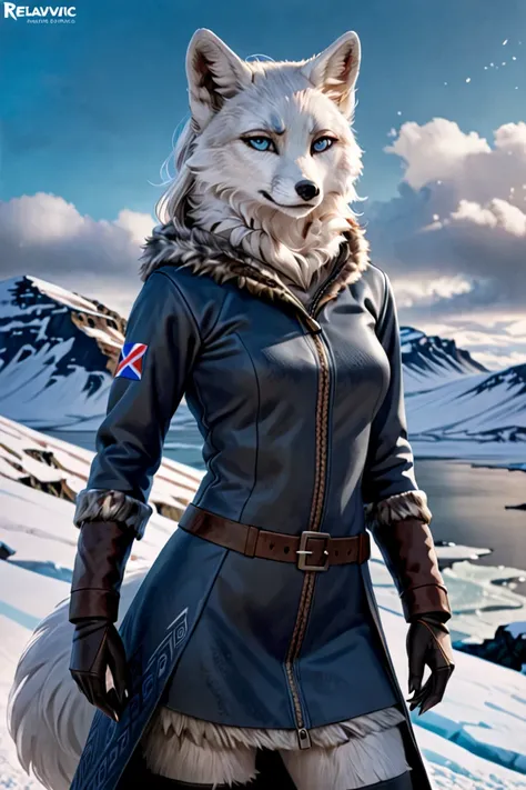 (masterpiece, highest quality), official art, Icelandic arctic fox woman wearing a cool Reykjavic attire