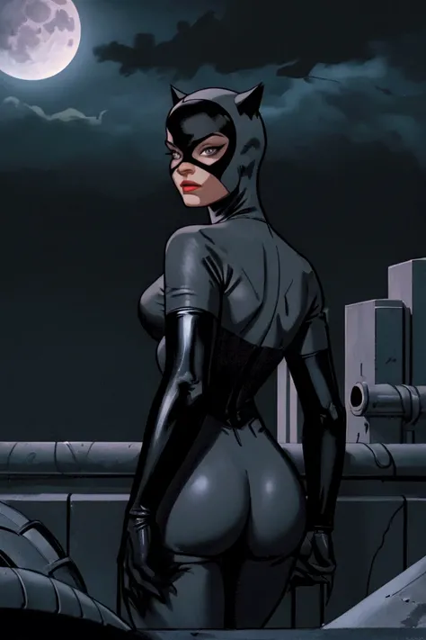 a beautiful catwoman standing on a rooftop, looking back over her shoulder, detailed facial features, long dark hair, tight black leather catsuit, clawed gloves, night sky with full moon, cityscape in the background, dramatic lighting, cinematic compositio...