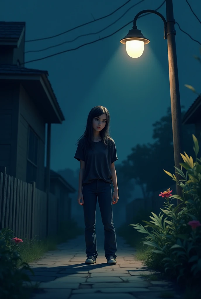 Mirha is walking outside her home at night under a dimly lit streetlamp. She is wearing a dark-colored pant-shirt, and her long hair is open, slightly disheveled by the night breeze. The surroundings are quiet and eerie, with shadows cast by the faint moon...