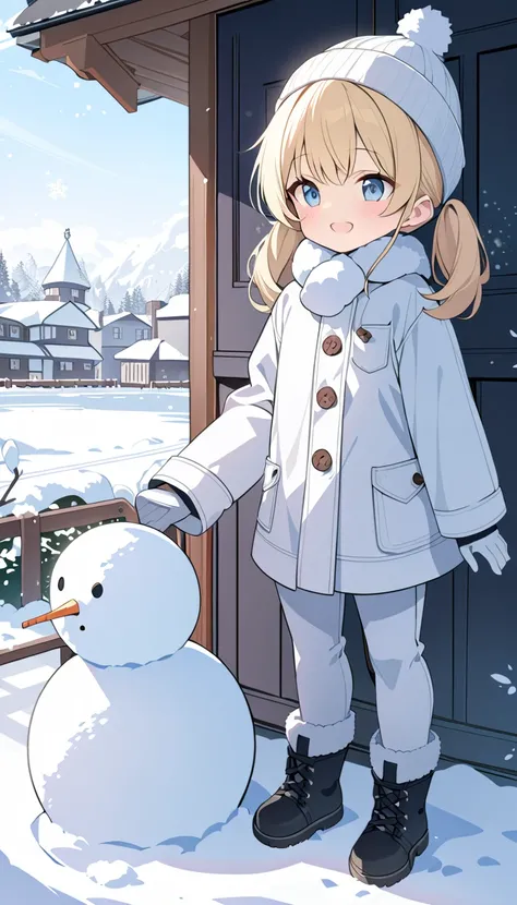 1 girl, blonde hair, blue eyes, ,  twintails,  , winter, looking happy, about three years old, detailed, wallpaper, masterpiece, best quality, standing， about 100cm height，  flat chest, , very young,  wearing white coat, white trousers, knitted hat, white ...