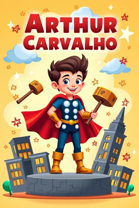 Create a colorful and cheerful school supplies label for a  boy named Arthur Carvalho, themed around the superhero Thor. Include the name ‘Arthur Carvalho’ in a large, fun font, with details that reference the hero, such as a hammer and dynamic poses. Use ...