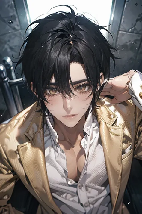 One Man　male　solo,  black hair,  Textured Skin,  golden eyes　 blushing ,  seductive smile, 