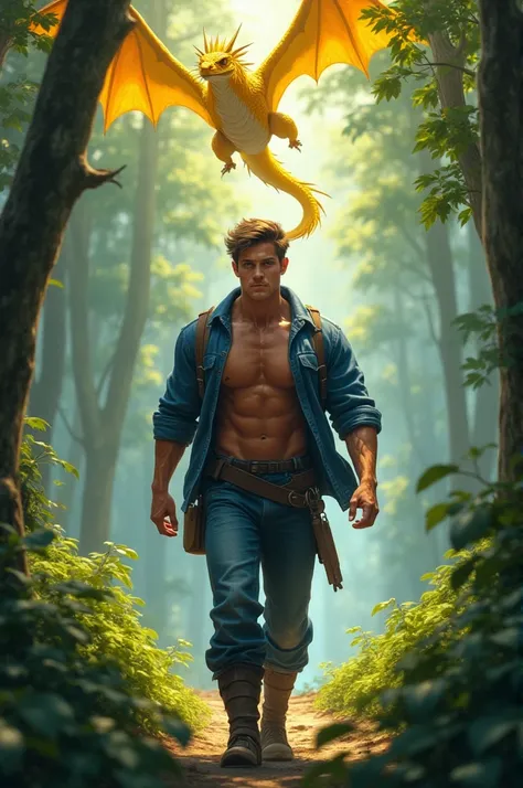 Make me a bare-chested 25-year-old man in a blue mine employee walking with a yellow dragon background dense forest HD picture quality