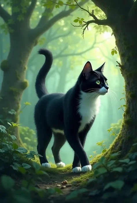  Generate me a cat Charlie who is black and has a white belly and his paws are white.And it will be in the magic forest 