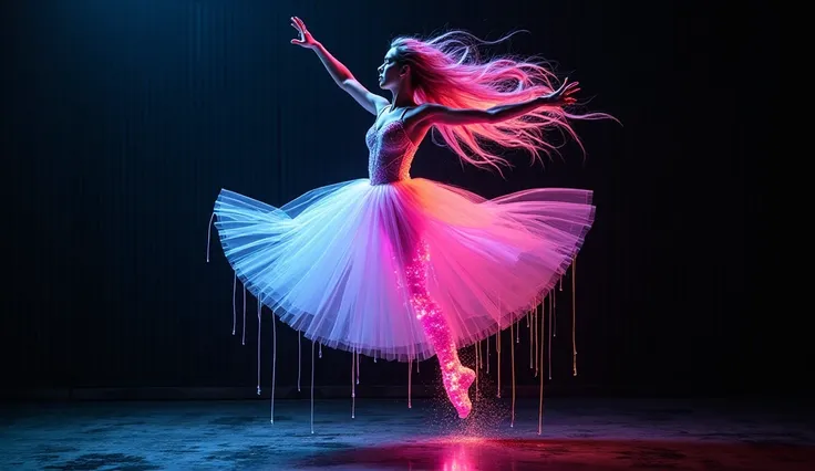 Mind control digital dynamic colourful light art performance full-body  airbrushed painting of an unreal female dancer from profile wearing long dress, against a black metal canvas with neon drippings. she has long, floating, glowing neon pink and light bl...