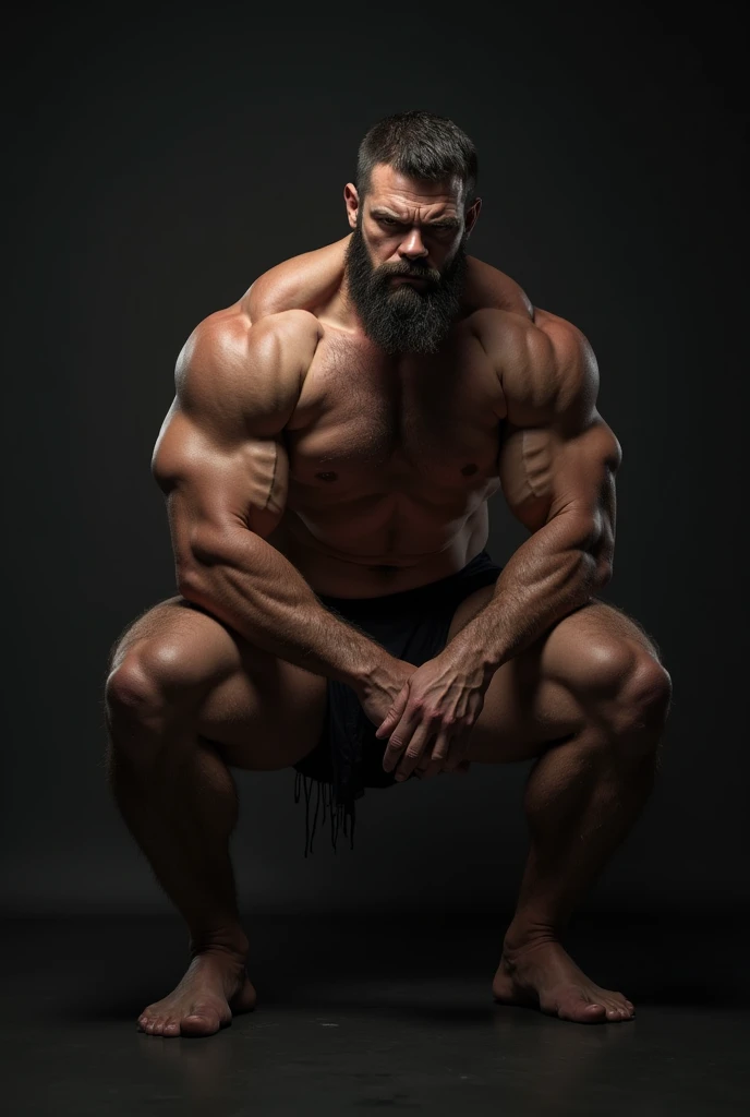 A muscular bearded gentleman stripped naked in black panties is squatting 