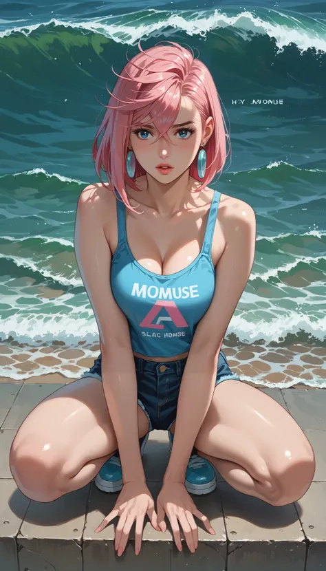 Rape, Momose Momo, high detail, girl with pink hair, fashionable suit, shiny lips, tank top, dressed, wave, retro, bedroom with cassette player, neon tube glowing on the wall in the background, soft pink and blue palette. Loud onomatopoeic speech. Full len...