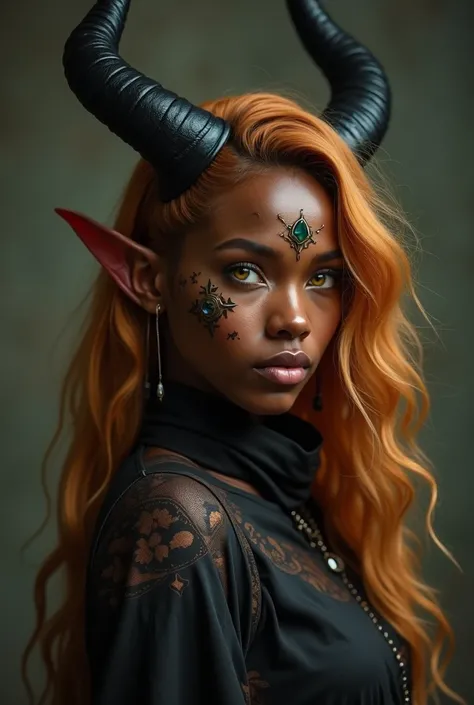 Image of a young black woman with light yellow eyes, with honey colored hair, She is a Druid Tiefling , She has the horns of the malevolent elf ears , She messes with witchcraft and magic very beautiful and sexy , A warrior with a candlestick.  likes to do...