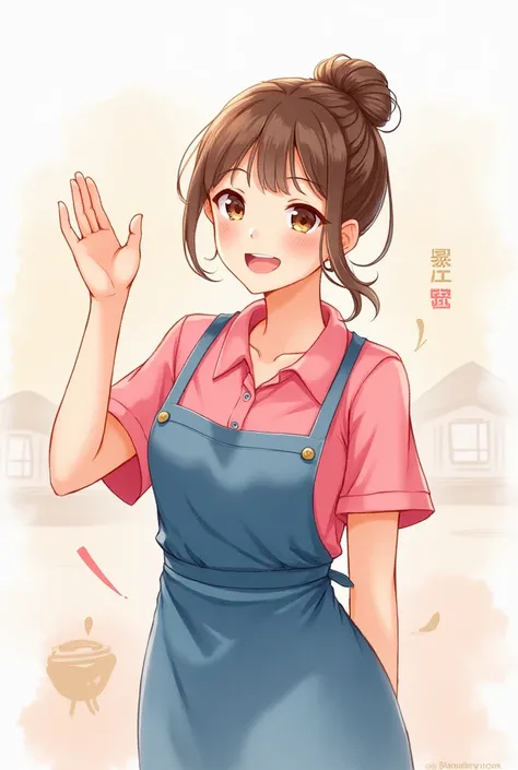 With a vivid pink polo shirt
woman wearing denim apron
Smiling and waving
Watercolor-style illustrations
Japanese
