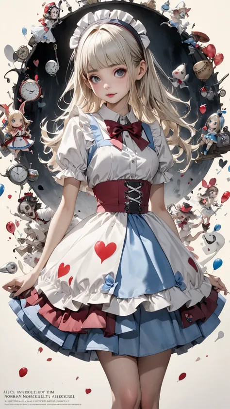  high definition, masterpiece, Anatomically  accurate  ,  accurate,   top quality,  high definition model,  high detail,    anatomically accurate ,   Norman Rockwell & Tim Burton style 、 Watercolor touch、  darkness、Alice 、  WONDERLAND 、