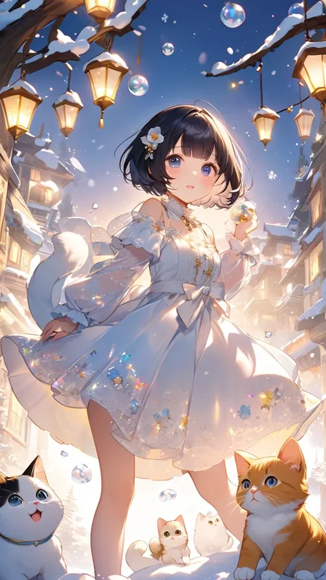 A cute girl who sparkles like glass work、 Hair、 bob cut、 little character 、SD character、Snow White Dress、7 kittens