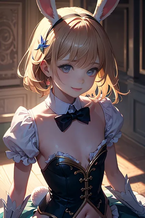 masterpiece,  top quality,  Highly Detailed CG Unity 8K Wallpaper , ( closeup shot of a beautiful girl's upper body head), ,, (McKenna Grace), ( flat chest, thighs),  (A tutu of sparkling scales, long rabbit ear headgear , ,  bow tie, No pants,   genitals ...