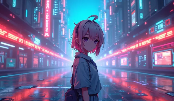 Let the background be technological and very flashy, so be the anime girl in the foreground