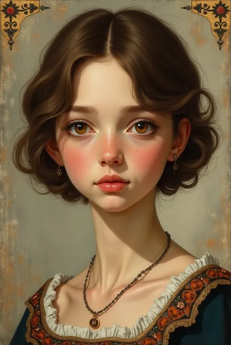 Create me a girl named Freya in Norman style .  short brown hair brown eyes full lips and potato nose