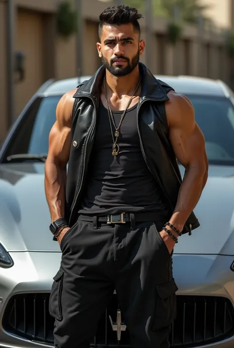  Hot young male 18-year-old Arab bodybuilder,  posing in front of an expensive sports car , military short haircut ,  stylish tight-fitting tank top  ,  cool black leather jacket, coole Oversize-Hose , Sneaker, Necklaces, bracelets,   bump on pants  