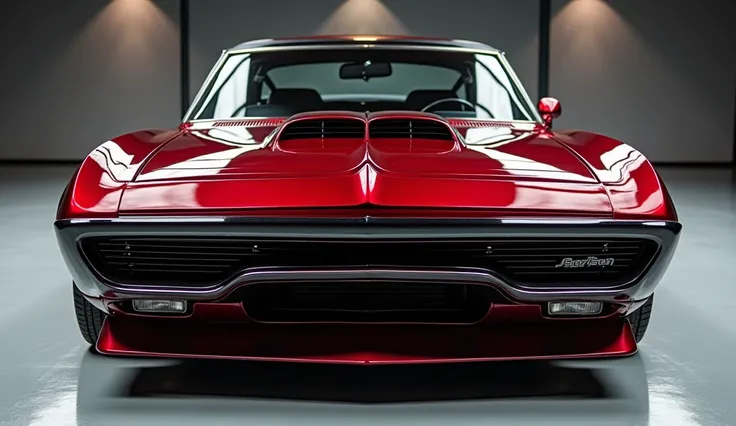 A full front close-up view of a highly modified classic Plymouth Satellite with a stunning design. The car features a glossy finish in deep red with bold modifications. Thin black lines run horizontally along the front bumper and hood, adding a bold contra...