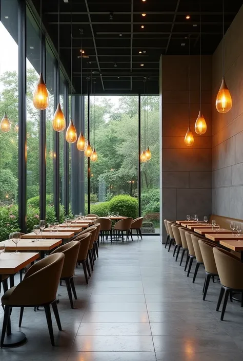 Large rectangular pizza room with jazz style lights amber lights gray porcelain tiles only tables and chairs and everything minimalist months side by side with landscaping