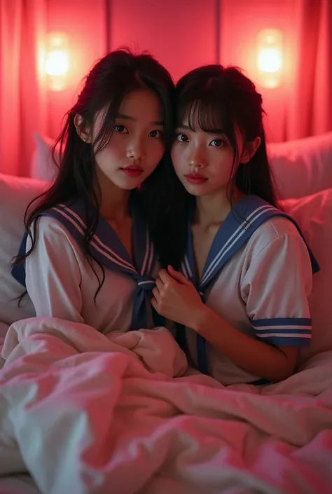 Documentary Photo  ，Two 18 year old Japanese idol girls with different styles ，extremely beautiful ， big eyes，On a large round bed in a fun hotel room  ，Moisture-proof High School Student Uniform，Fully hydrated after bathing， hair slightly wet  ，Clothes ar...