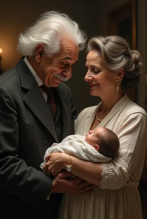 Albert Einstein standing with his wife holding their newborn daughter