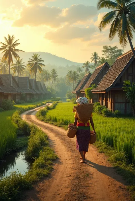  Realistic photo of Indonesian natural landscape featuring the main object of wooden houses on the roadside of dirt near rice fields,there is a small clear river  , near the house and the street there are coconut trees ,there grandma is walking carrying ru...