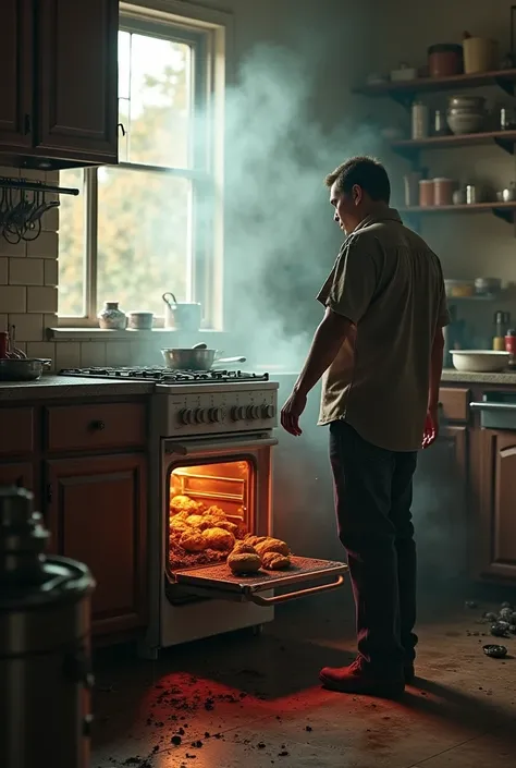 A kitchen oven with smoke coming out, burnt food inside, and the person looking frustrated.
